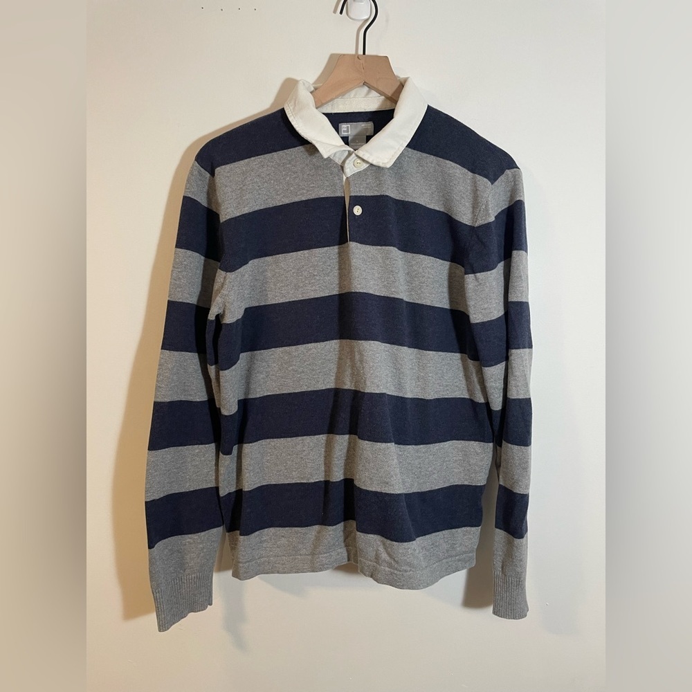JCP Combed Cotton Striped Long Sleeve Polo Shirt Gray Blue Size Large Y2K Preppy